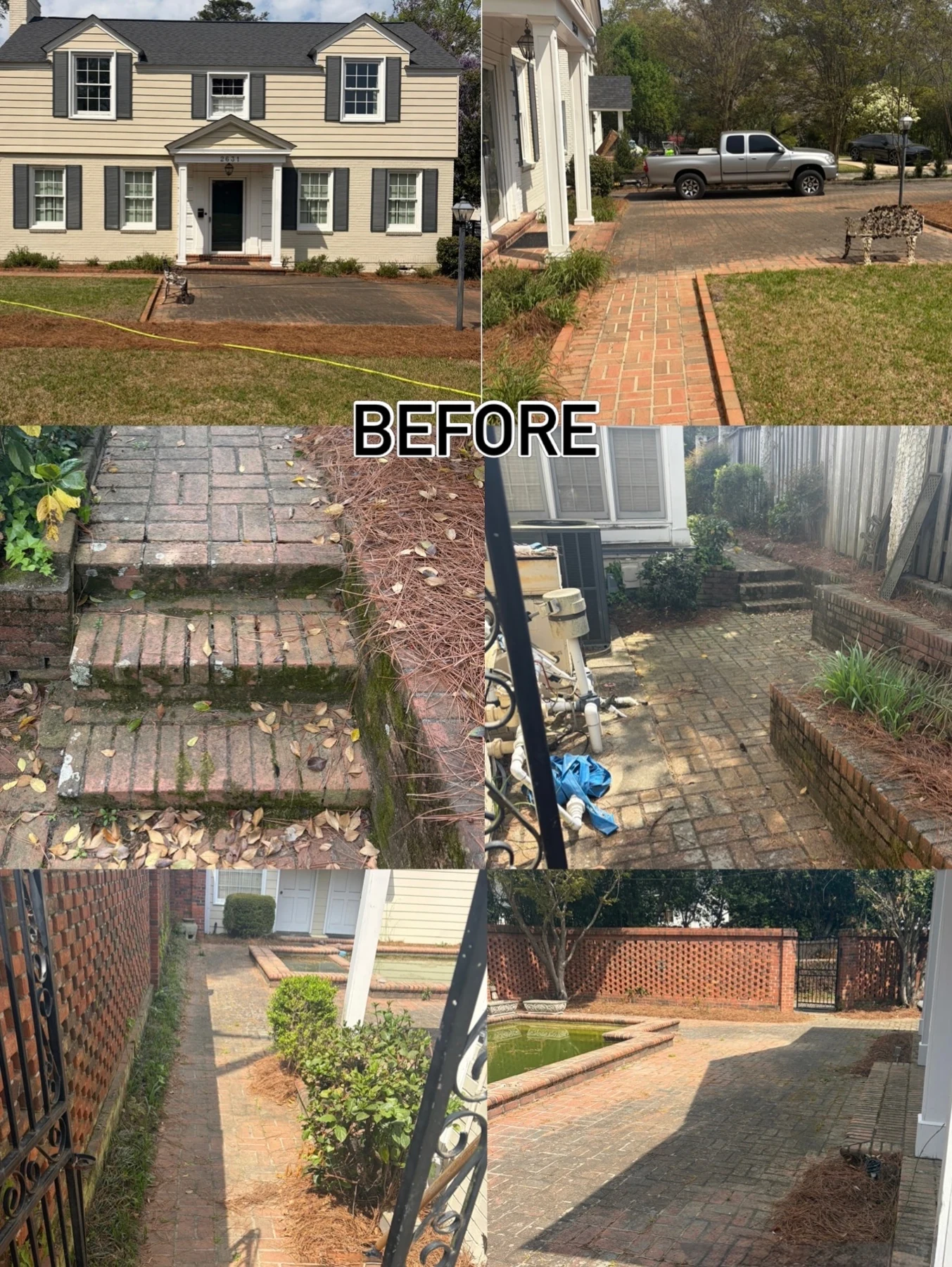 Owner-supplied collage of brick steps and paths before cleaning