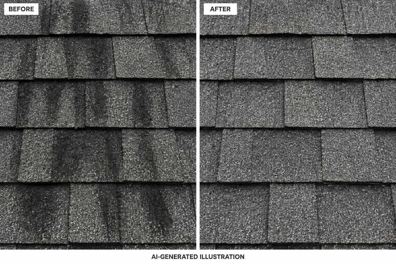 AI illustration: close-up of gray roof shingles with black staining before cleaning and without staining afterward